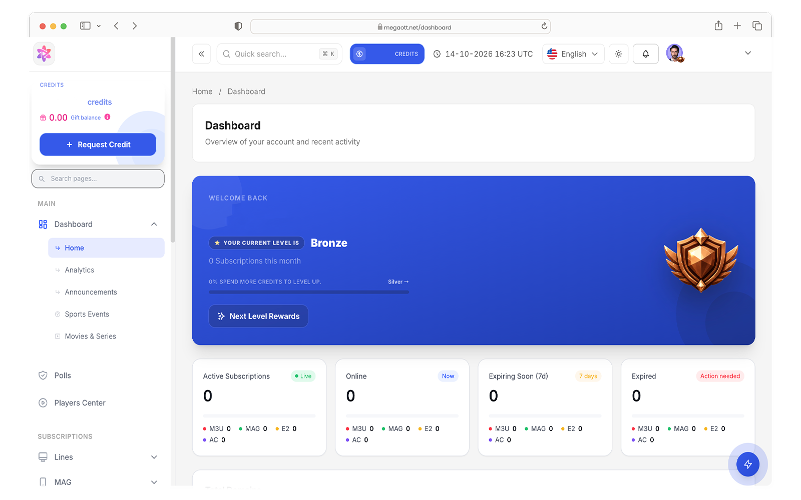 Mega OTT reseller dashboard with customer line status and account overview