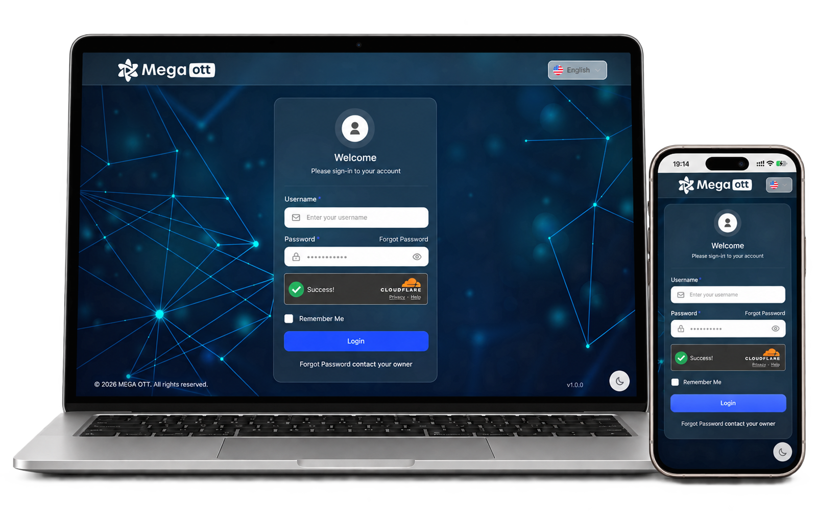 Mega OTT account login screen; illustration of the account checks in this guide